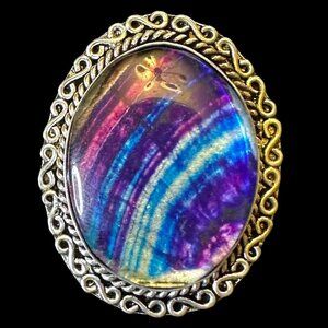 Oval Aurora Opal Sterling Silver Overlay Ring Size 7.5